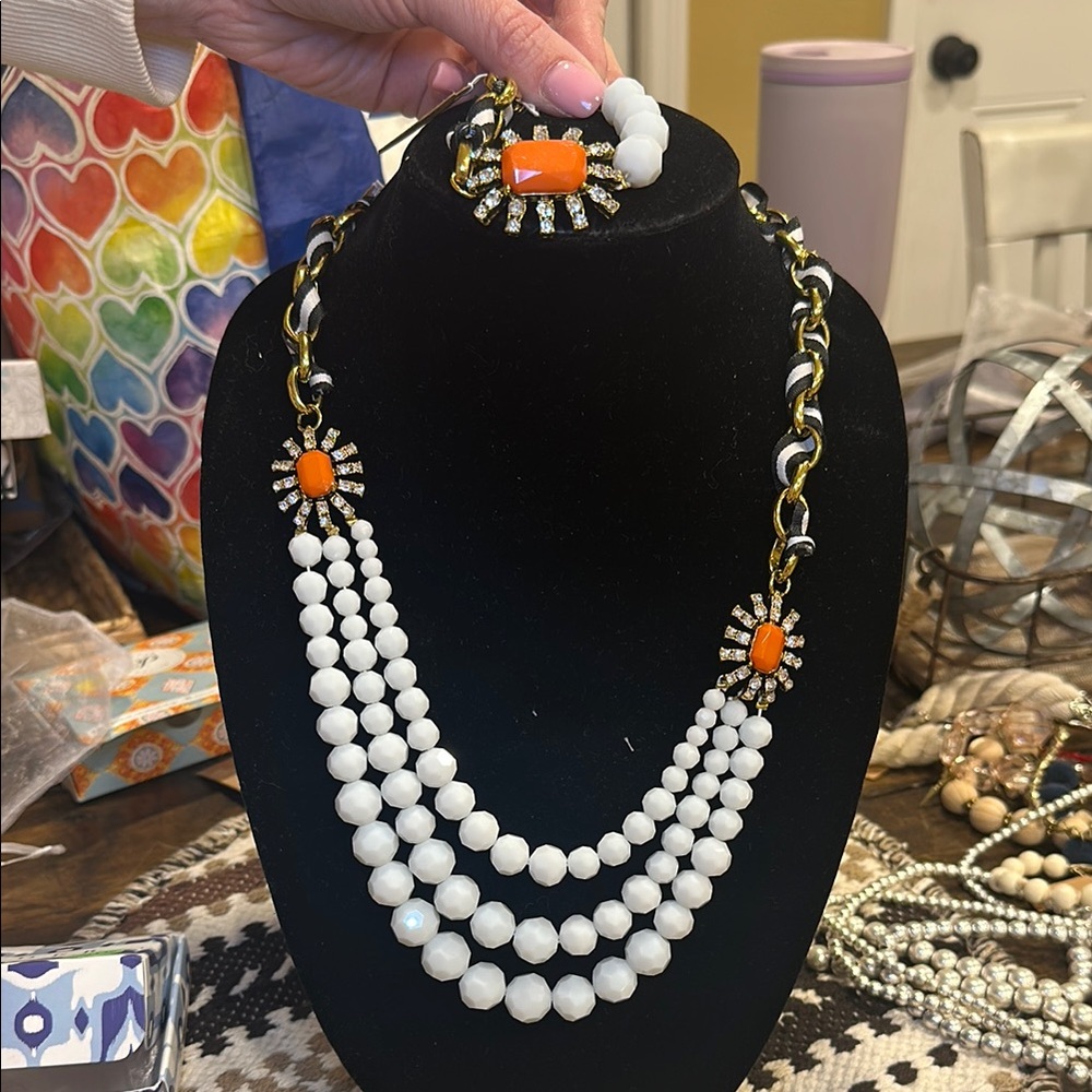 Elegant White and Orange Beaded Necklace and matching bracelet